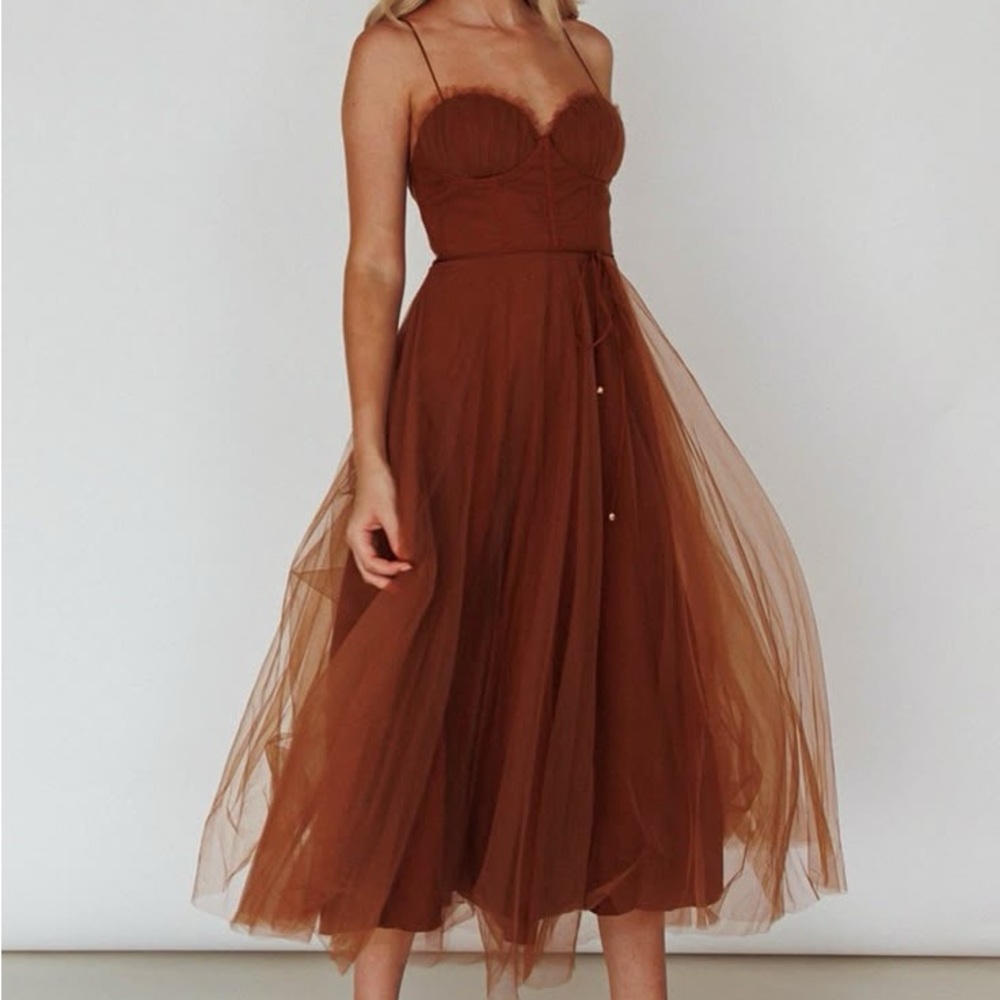 Burnt Orange/Brown Midi Chiffon Dress with Sweetheart Neckline